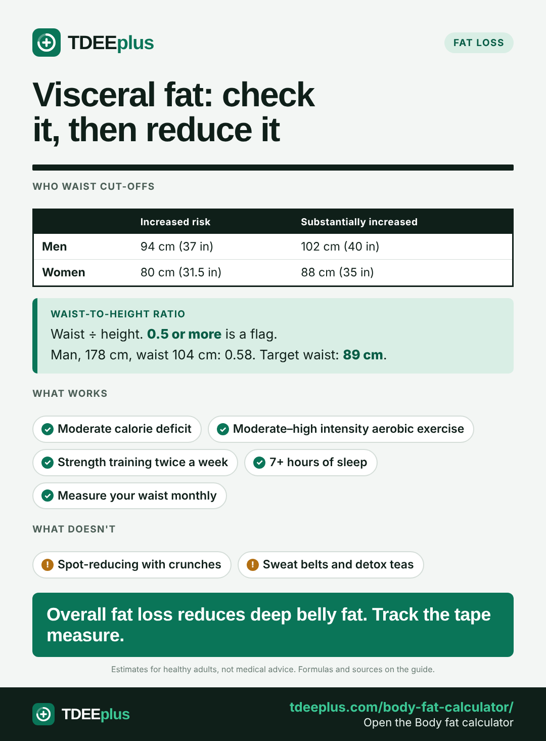 Infographic: Visceral fat: check it, then reduce it. Overall fat loss reduces deep belly fat. Track the tape measure.